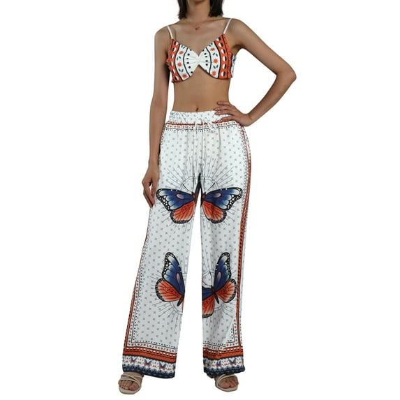 KOMOO 2Pcs Women Boho Outfits Butterfly Printed Halter Tops Wide Leg Loose Pants Suit Plus Size