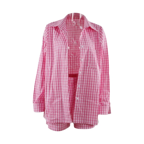 KOMOO 2Pcs Women Loose Outfit Striped/ Plaid Outfit Long Sleeve Button Up Blouse Shirt Short Pants Set