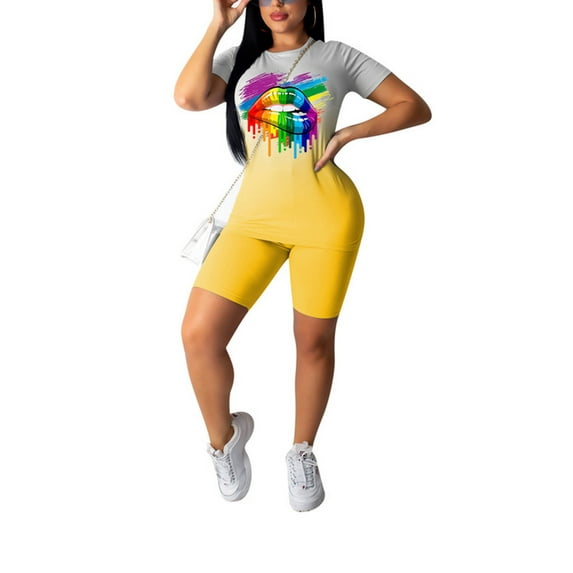 KOMOO 2Pcs Women Shorts Outfits Lip Print Short Sleeve T-shirt Bodycon Shorts Tracksuit Yoga Suit