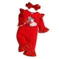 thumbnail image 1 of KOMOO Baby Heart Print Romper Bodysuit Bow-knot Headband Long Sleeve Ruffle Bell-Bottom Jumpsuit Outfits, 1 of 9