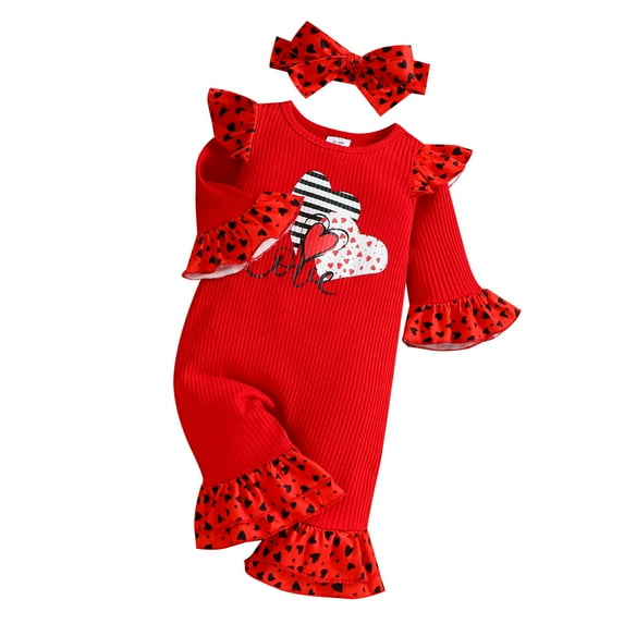 KOMOO Baby Heart Print Romper Bodysuit Bow-knot Headband Long Sleeve Ruffle Bell-Bottom Jumpsuit Outfits