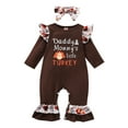 thumbnail image 1 of KOMOO Baby Jumpsuit Set Turkey Letter Print Long Sleeves Ruffle Bell-Bottom Romper Bowknot Headband Outfits, 1 of 9