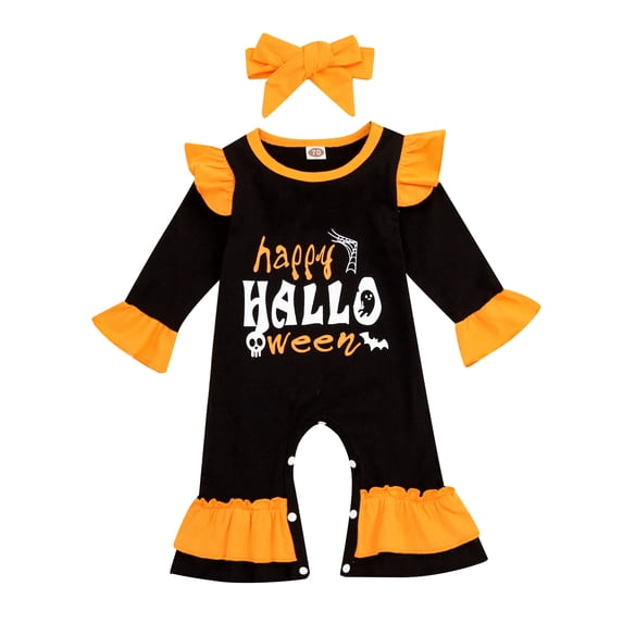 KOMOO Baby Romper Set Bowknot Hairband Letters Print Long Sleeve Ruffle Bell-Bottom Jumpsuit Outfits