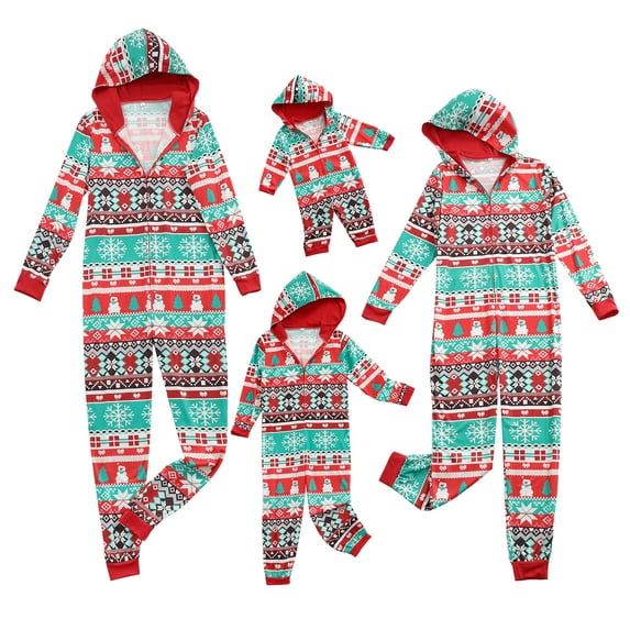KOMOO Christmas Family Matching Hooded Jumpsuit Xmas Cartoon Print Zipper Bodysuit Set Parent Child Rompers Outfit