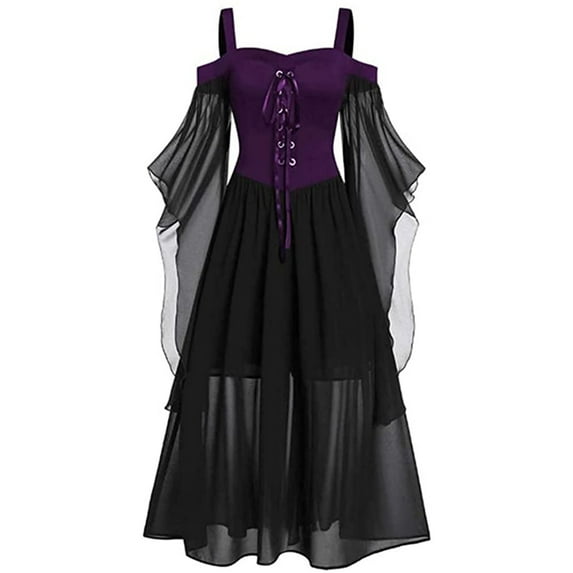 KOMOO Female Halloween Mesh Dress Butterfly Sleeves Off Shoulder Bandage Strap Midi Dress Lace Up Vintage Party Cosplay Costume