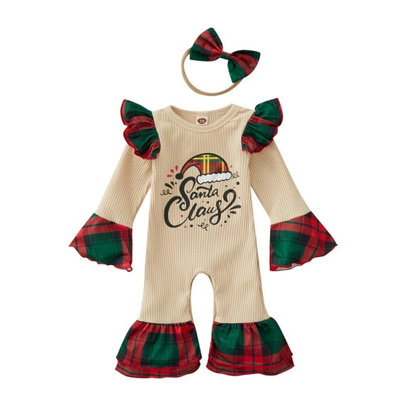 KOMOO Infant Christmas Romper Set Letter Hat Tree Print Long Sleeve Ruffle Bell-Bottom Jumpsuit Bowknot Headband Outfits
