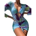 thumbnail image 1 of KOMOO KOMOO 3Pcs Women's Swimsuits, Adults Tie-up Contrast Color Padded Halter Bra and Long Sleeve V-neck Dress and Thong Bikini Sets Bathing Suits, 1 of 7