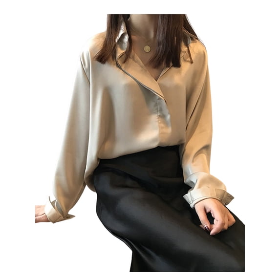 KOMOO Ladies Satin Shirt, Solid Color Single-breasted Long Sleeve Lapel Loose Blouse Casual Tops