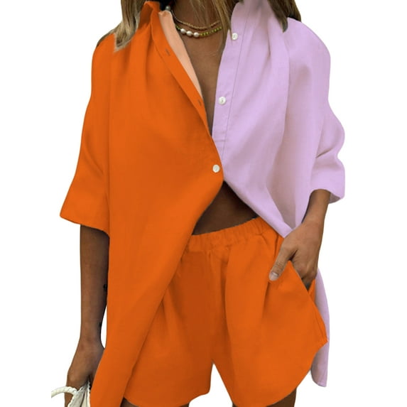 KOMOO Linen Sets for Women 2 piece Shorts Set Summer Color Contrasts Lapel T-Shirt Drawstring Shorts Beach Casual Outfits