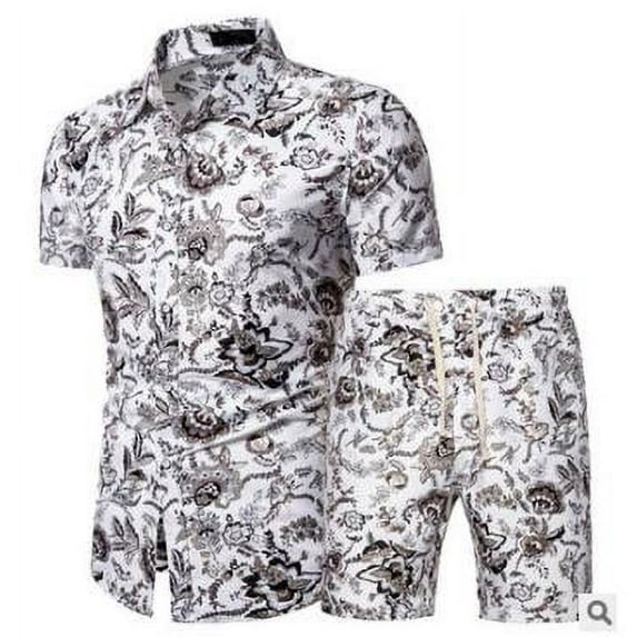 KOMOO Men Floral Beach Outfit Short Sleeve Button Hawaiian Shirts Shorts Tracksuit Sweatsuit