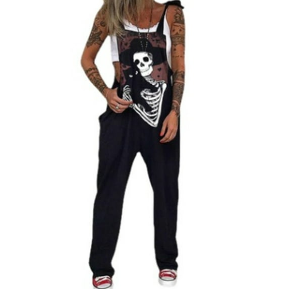 KOMOO Plus Size Women Loose Jumpsuits Sleeveless Skull Black Cat Print Strap Bib Pants Romper