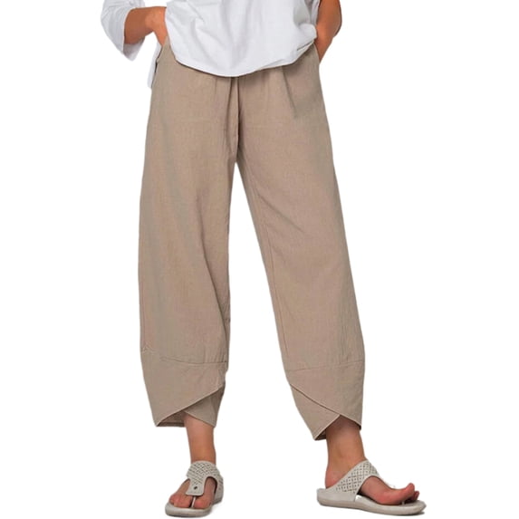 KOMOO Plus Size Women Wide Leg Pants Cotton Linen Capri Cropped Baggy Pants Pockets Loose Trousers