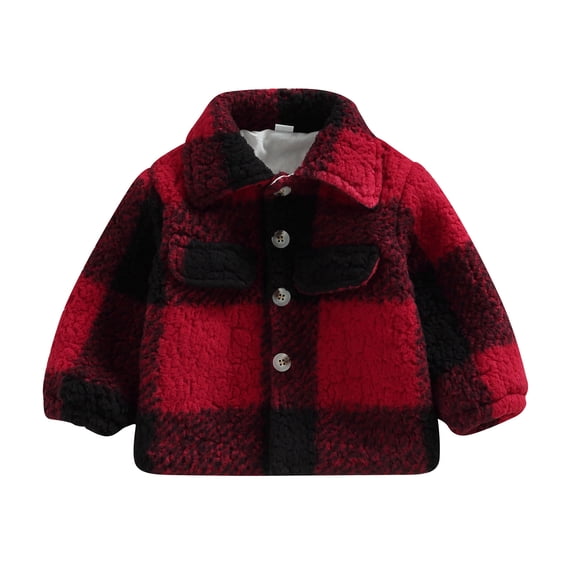KOMOO Toddler Flannel Plaid Shacket Jacket Baby Girl Boy Fleece Coat Pockets Long Sleeve Button Lapel Warm Jacket