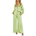 thumbnail image 1 of KOMOO Women 2 Piece Satin Pants Set Casual Loose Long Sleeve Button Shirt High Waist Wide Leg Trouser Outfit Loungewear, 1 of 4