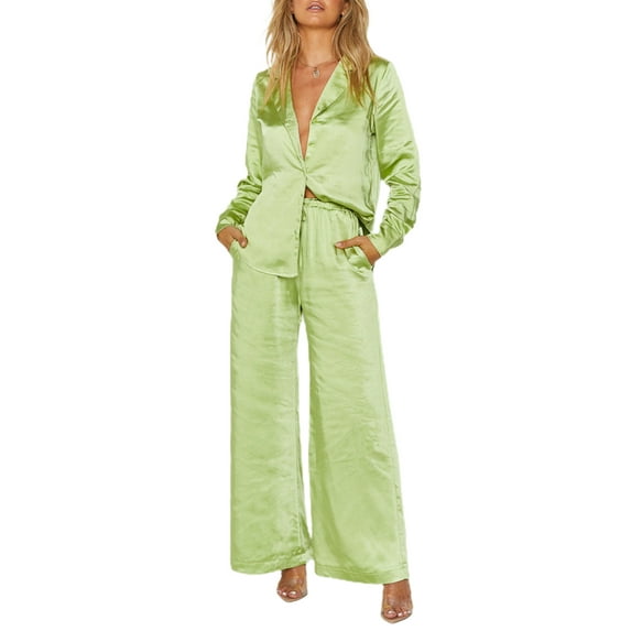 KOMOO Women 2 Piece Satin Pants Set Casual Loose Long Sleeve Button Shirt High Waist Wide Leg Trouser Outfit Loungewear