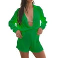 thumbnail image 1 of KOMOO Women 2 Piece Shorts Set Long Sleeve Pleated Button Shirt High Waist Shorts Outfits Suits Tracksuit Loungewear, 1 of 3