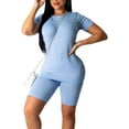 thumbnail image 1 of KOMOO Women 2PCS Sport Set Short Sleeve Tee High Waist Elastic Shorts Slim Yoga Workout Outfits, 1 of 7