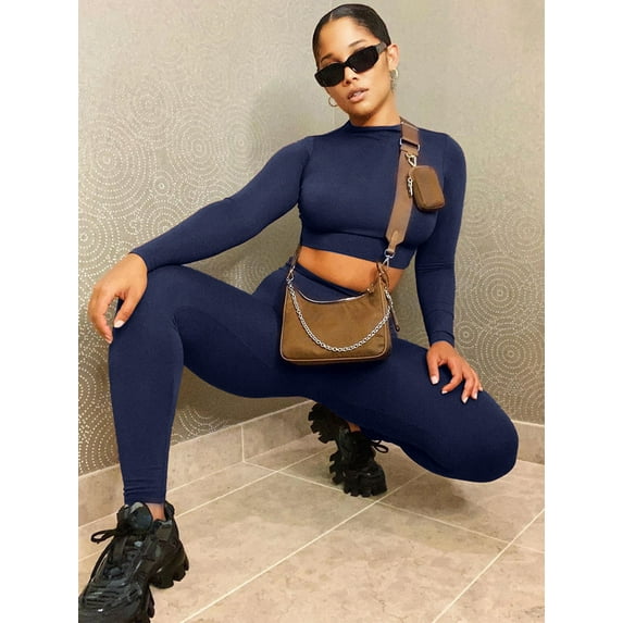 KOMOO Women 2Pcs Bodycon Yoga Outfits Long Sleeve T-shirt High Waist Leggings Sets Elastic Tracksuit Suits