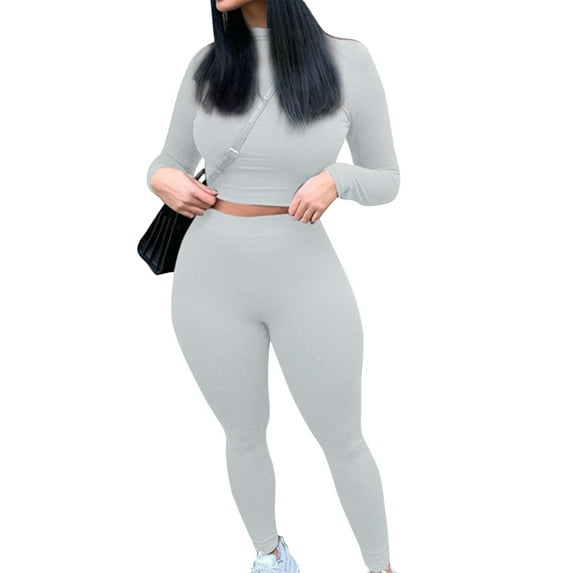 KOMOO Women 2Pcs Bodycon Yoga Outfits Long Sleeve T-shirt High Waist Leggings Sets Elastic Tracksuit Suits