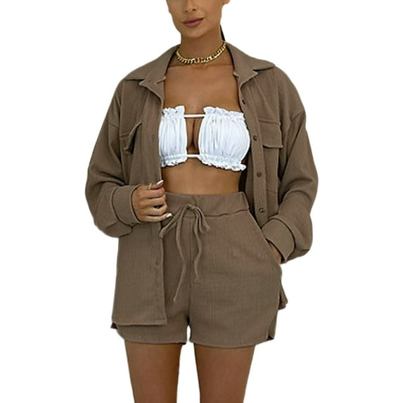 KOMOO Women 2Pcs Shorts Sets Solid Color Lapel Long Sleeve Button-Down Shirt Elastic Drawstring Shorts Outfits Tracksuit