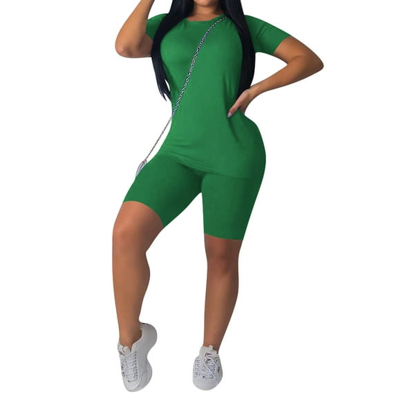 KOMOO Women 2Pcs Sport Set Short Sleeve Slim Top High Waist Elastic Short Pants Yoga Outfits