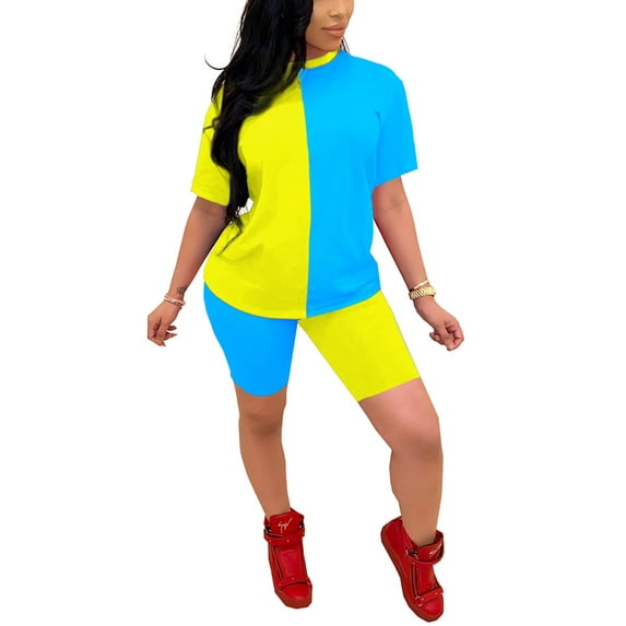 KOMOO Women 2Piece Outfits Short Sleeve Patchwork Tee Shorts Sports Sets Sportswear Oversize