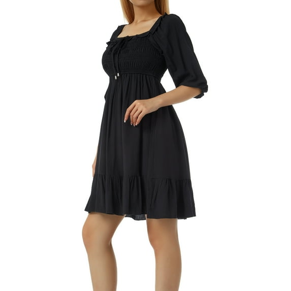 KOMOO Women A-Lined Dress Square Neck Pleated Lacing Mini Dress Elastic High Waist Skirt