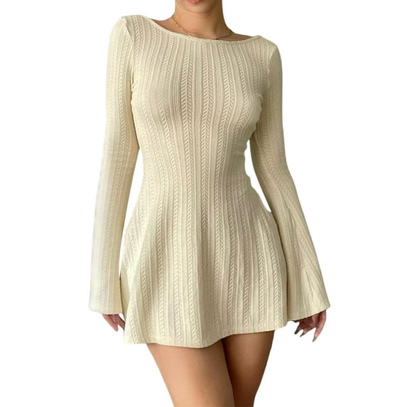 KOMOO Women Backless Knit Short Dress Flare Long Sleeve Bodycon Knitted Dress Slim Sweater Dress
