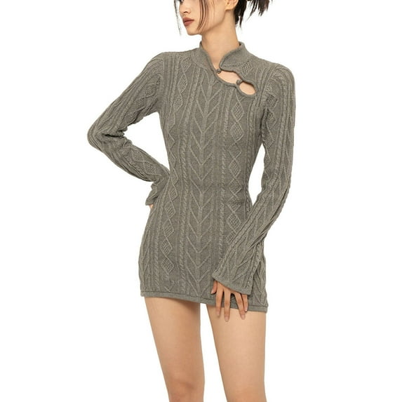 KOMOO Women Backless Knitted Dress Long Sleeve Cutout Knit Mini Dress Retro Slim Wrapped Sweater Dress