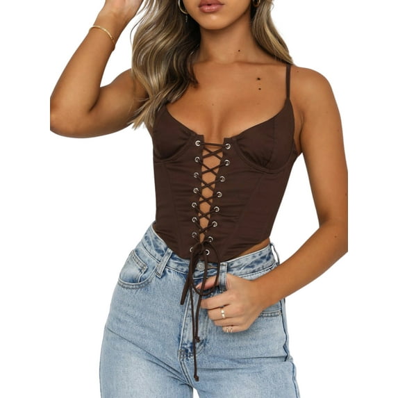 KOMOO Women Bandage Camisole Sleeveless Spaghetti Strap Crop Top Push Up Corset Top Bustier
