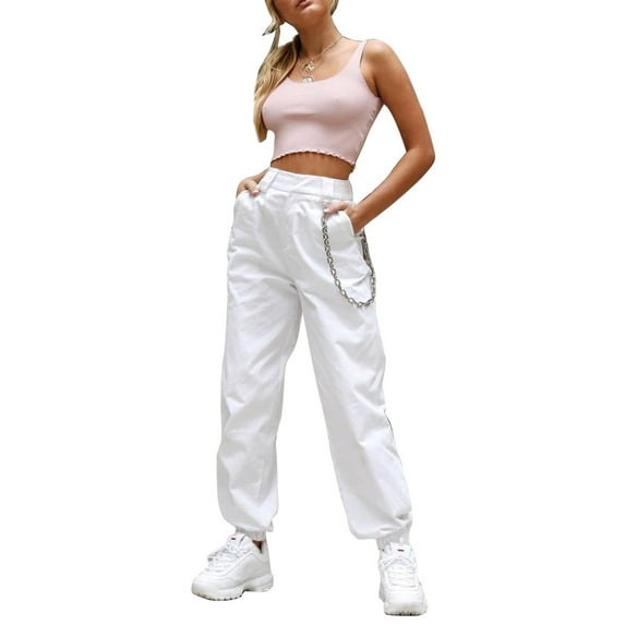 KOMOO Women Beam Feet Trousers Chain High Waist Long Sport Pants Pockets Loose Overalls Plus Size