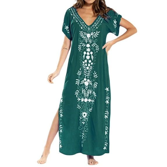 KOMOO Women Bikini Cover Up V-Neck Split Loose Bohemia Dress Caftans Beach Dress Oversize