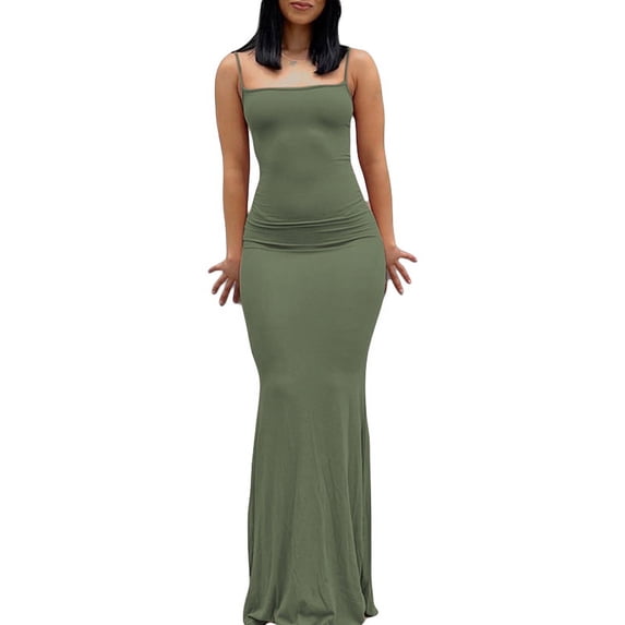 KOMOO Women Bodycon Dress Ladies Low Cut Spaghetti Strap Dress Sleeveless Sling Long Dress Party
