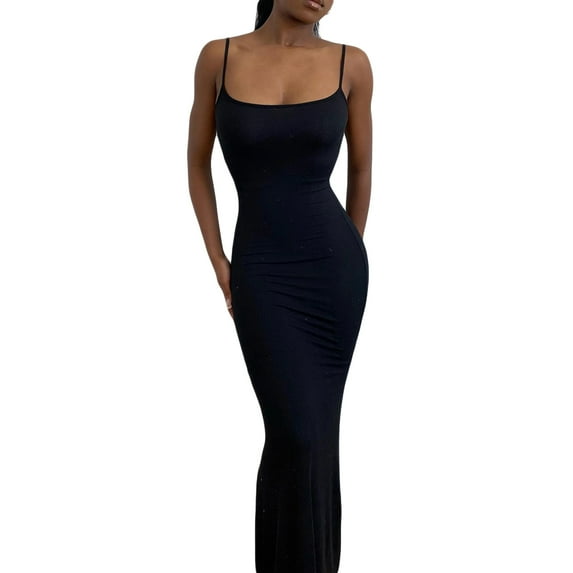 KOMOO Women Bodycon Dress Ladies Low Cut Spaghetti Strap Dress Sleeveless Sling Long Dress Party