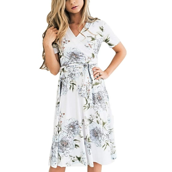 KOMOO Women Bohemian Floral Sundress Summer Short Sleeve V-Neck Loose Empire Fashion Casual Dress with Waist Belt