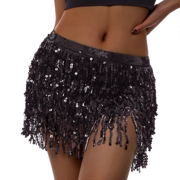 KOMOO Women Boho Sequin Tassel Skirt Fringe Belly Skirt Rave Party Dance Miniskirt