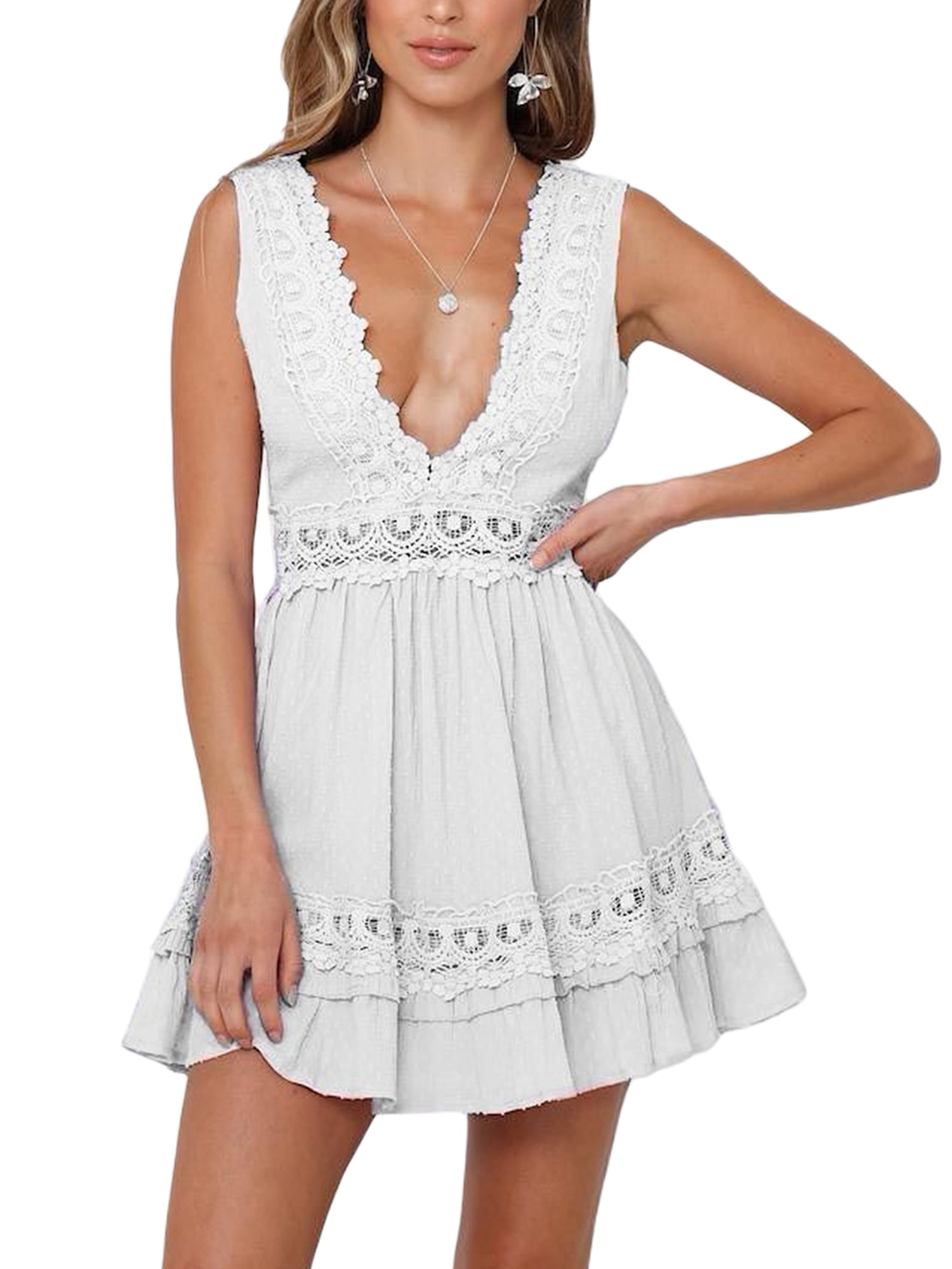 KOMOO Women Boho Swing Dress Deep V Neck Backless Lace Ruffle Mini