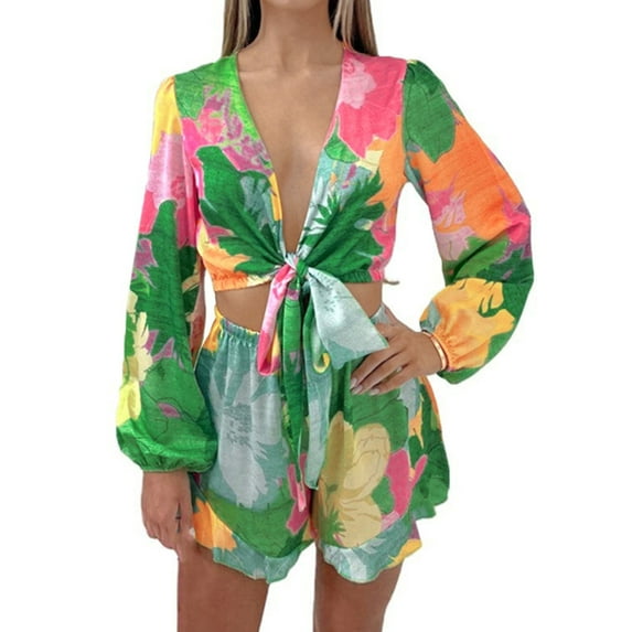 KOMOO Women Boho Two Piece Outfits Casual Floral Open Front Tie Long Sleeve Shirts Cardigan Elastic Waist Shorts Suits