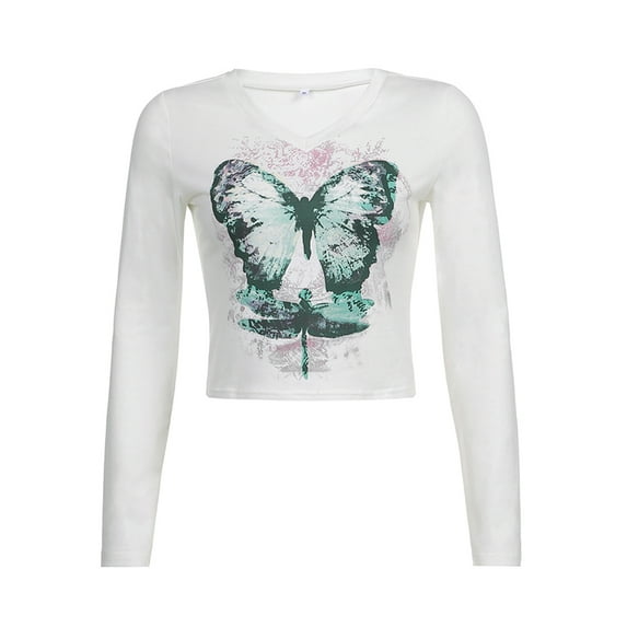 KOMOO Women Butterfly Print Tops Round Neck Crop Top Casual Long Sleeve Bodycon T-shirt