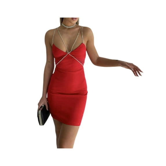 KOMOO Women Chain Bandage Bodycon Mini Dress Sleeveless Backless Spaghetti Strap Ruched Dress