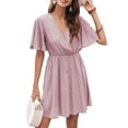 thumbnail image 1 of KOMOO Women Chiffon Mini Dress Dot V-Neck High Waist A-line Dress Short Sleeve Swing Beach Dress, 1 of 6