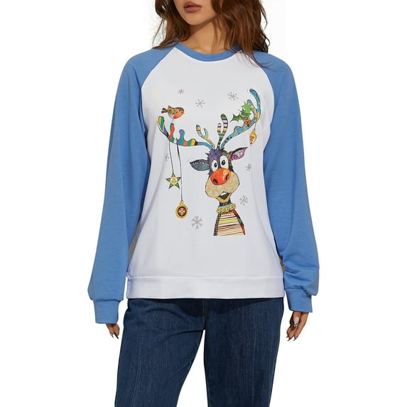 KOMOO Women Christmas Pullover Sweatshirt Deer Print Long Sleeve T-Shirt Patchwork Xmas Pullover Top