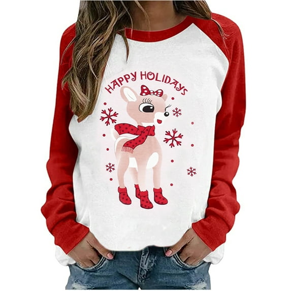 KOMOO Women Christmas Sweatshirt Long Sleeve Round Neck Pullover Christmas Printed Shirts Tops