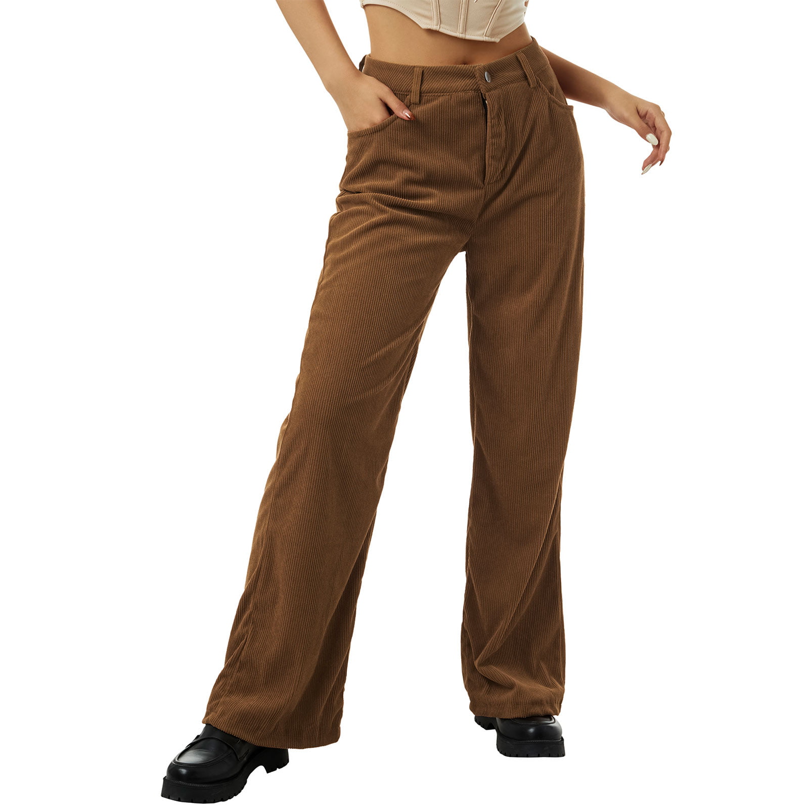 KOMOO Women Corduroy Wide Leg Pants Vintage High Waist Loose Trousers Solid  Color Long Pants 