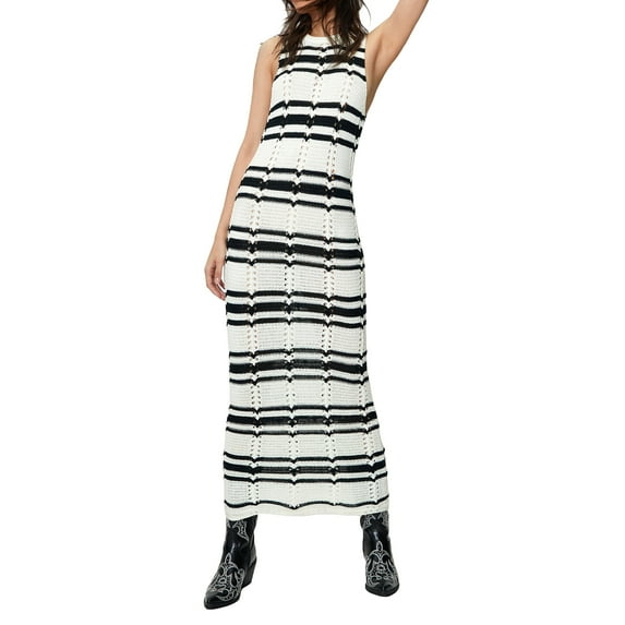 KOMOO Women Crochet Dress Contrast Color Striped Knitted Dress Round Neck Sleeveless Bodycon Tank Dress