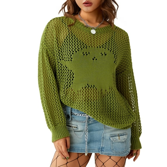 KOMOO Women Crochet Sweater Oversized Ghost Skull Mesh Knit Pullover Long Sleeve Loose Knitted Sweatshirt Top