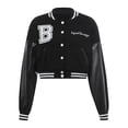 thumbnail image 1 of KOMOO Women Cropped Baseball Jacket Letter Print Long Sleeve Varsity Jacket Bomber Coats Streetwear, 1 of 9