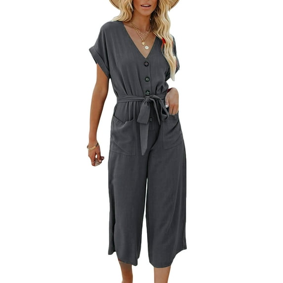 KOMOO Women Cropped Jumpsuit Button Closure Waist Tie Romper V-neck Pockets Chiffon Jumpsuits