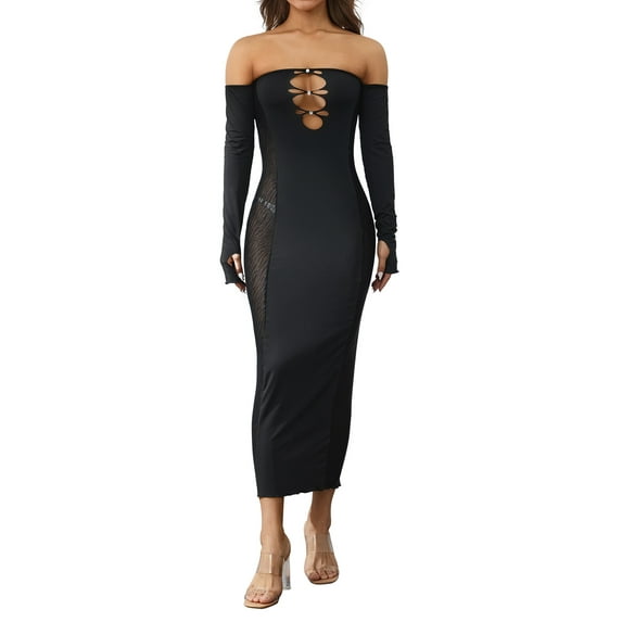 KOMOO Women Cutout Bodycon Dress Sheer Patchwork Hollow Slim Long Dress Long Sleeve Backless Cocktail Dress