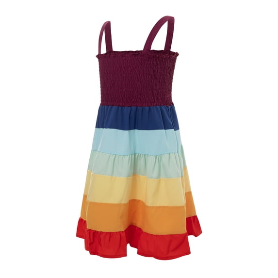 KOMOO Women Daughter Rainbow Sling Dress Stripe Ruffle Spaghetti Strap Dress Tiered A-line Sundress Parent-child Suit